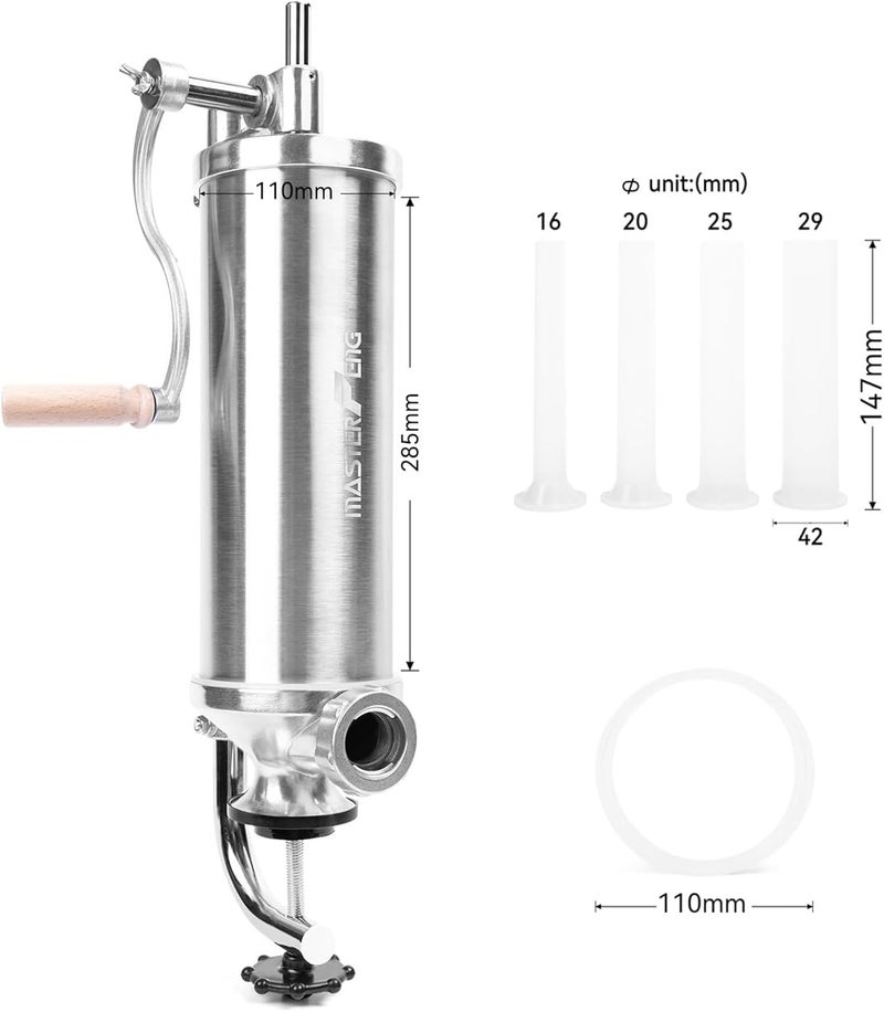 MASTER FENG 5 LBS Sausage Stuffer Vertical Stainless Steel Stuffing Maker Machine Packed with 4 Stuffing Funnels - Image 2
